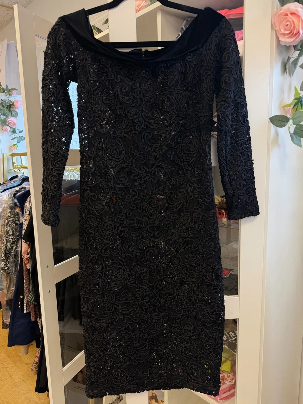 Anne Fontaine Lace Embroidered Semi Sheer Dress Velvet Collar Black Sz 38 US 4 6